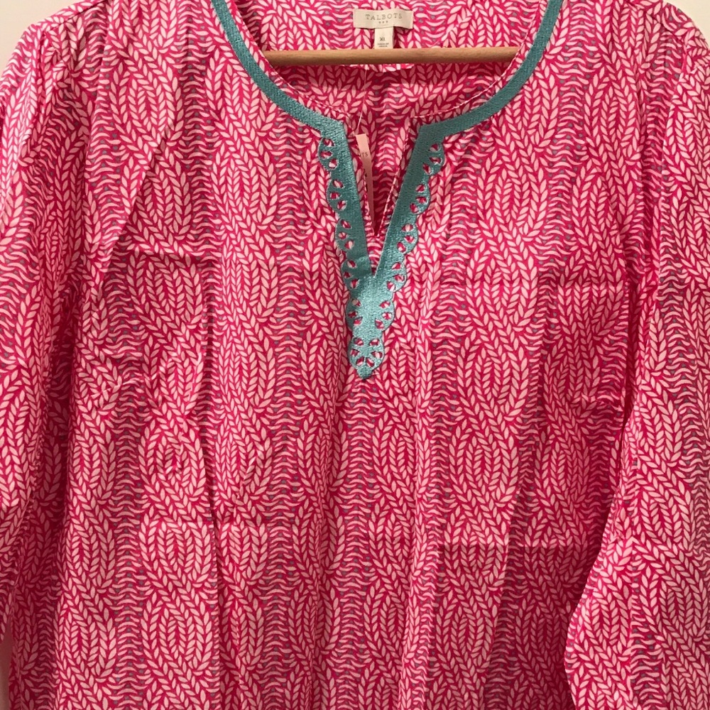 TALBOTS XL PINK & TURQUOISE TRIM COTTON TUNIC NWT